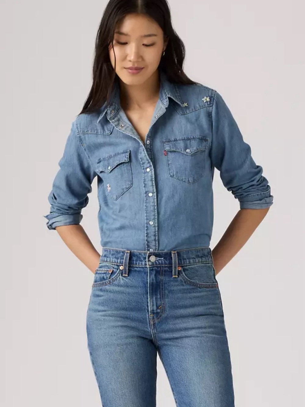 Levi's Blue Denim Shirt with Pearlescent Snap Buttons in XS - Picture 3 of 15